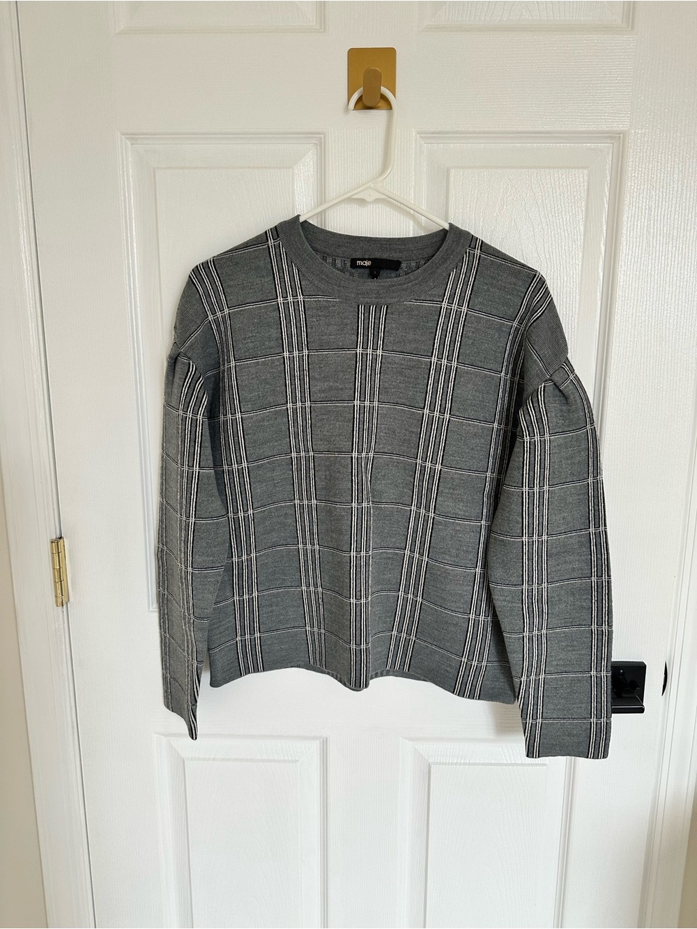 Maje wool blend women’s Gray Plaid Crewneck Sweater